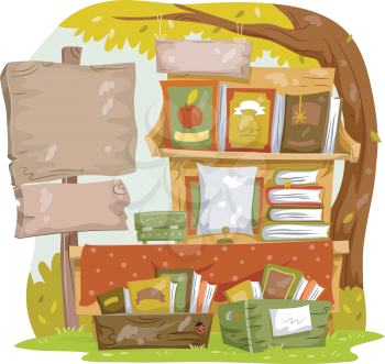 Illustration of a Blank Sign Board Standing Beside a Shelf of Books for Sale