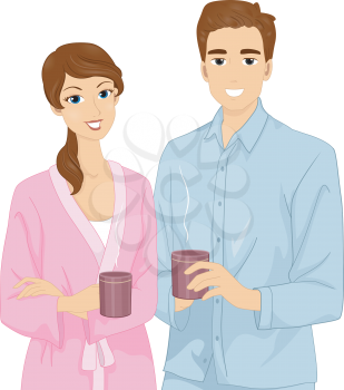 Illustration of a Couple in Their Pajamas Having Coffee