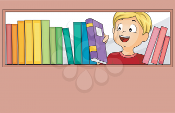 Illustration of a Little Boy Choosing from the Books in the Library