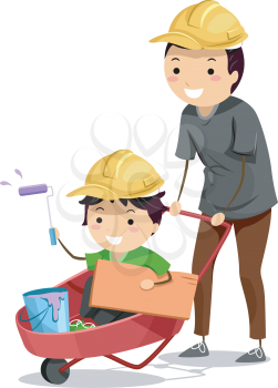 Stickman Illustration of a Father Pushing Around His Son Riding on a Wheelbarrow