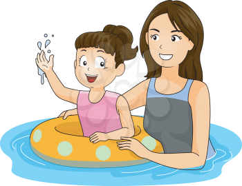 Illustration of a Mother Teaching Her Daughter How to Swim
