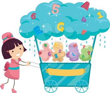 Stickman Illustration of a Little Girl Pushing a Cotton Candy Cart