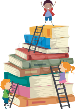 Stickman Illustration of Kids Climbing a Tall Stack of Books
