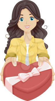 Illustration of a Girl Handing Over a Heart Shaped Box Filled with Chocolates