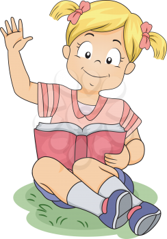 Illustration of a Little Girl Raising Her Hand While Reading a Book