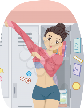 Illustration of a Teenage Girl Putting on a Sweatshirt in a Locker Room