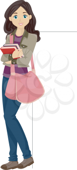 Illustration of a Female College Student Leaning Against a Blank Board