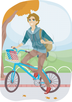 Illustration of a Teenage College Student Going to School on His Bike