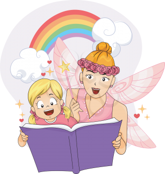 Colorful Illustration of a Woman Dressed as a Fairy Reading a Fantasy Book to a Little Girl