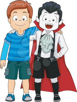 Illustration of a Boy Hanging Out with Another Boy Dressed as a Vampire