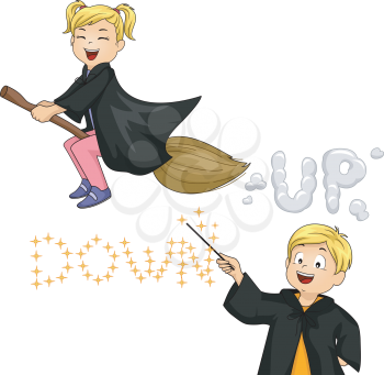 Illustration of a Little Witch and a Little Wizard Performing Magic Tricks
