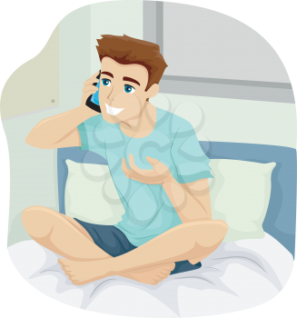 Illustration of a Teenage Guy Talking on His Phone While Sitting on His Bed