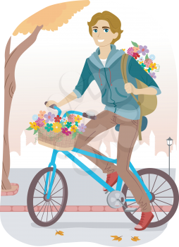 Illustration of a Teenage Guy Carrying a Bunch of Flowers on Both His Basket and His Bag