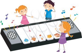 Stickman Illustration of Kids Playing with a Piano Toy That Plays Back Animal Sounds