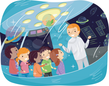 Stickman Illustration of Kids on an Educational Tour Listening to a Space Lecture