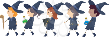 Stickman Illustration of Kids Dressed as Witches Walking in a Line