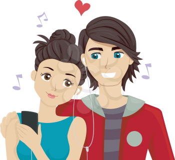 Illustration of a Teenage Couple Sharing a Pair of Earphones