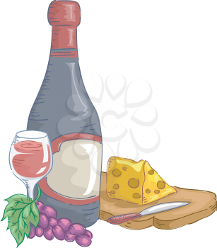 Illustration of a Bottle of Wine with a Chunk of Cheese Beside It