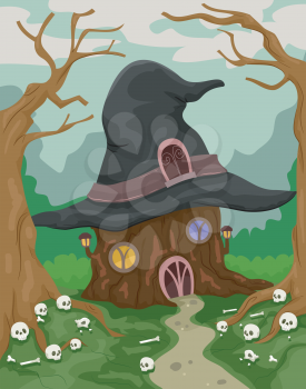 Halloween Illustration of a Witch House in the Middle of the Woods