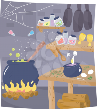 Illustration of the Kitchen of a Witch with a Potion Brewing in the Corner
