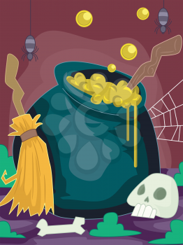 Halloween Illustration of a Cauldron Overflowing with a Mysterious Potion