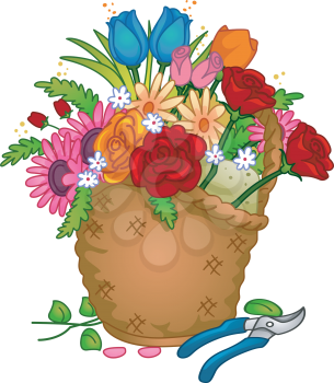 Colorful Illustration of a Basket of Arranged Flowers