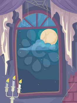 Illustration of a Cobweb Filled Haunted House with the Full Moon Visible from the Window