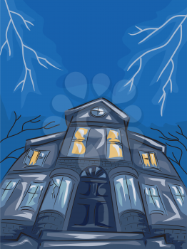 Illustration Featuring a Haunted House Framed by Lightning Bolts