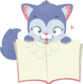 Illustration of a Cat Holding an Open Book