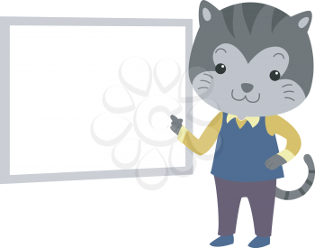 Illustration of a Cat Dressed as a Teacher Pointing to Something at the Board