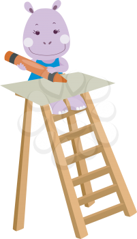 Illustration of a Cute Hippo Drawing with a Crayon While Sitting on a Step Ladder