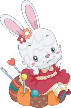 Illustration of a Cute Bunny Sitting on a Pin Cushion