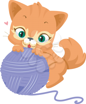 Illustration of a Cute Cat Playing with a Ball of Yarn