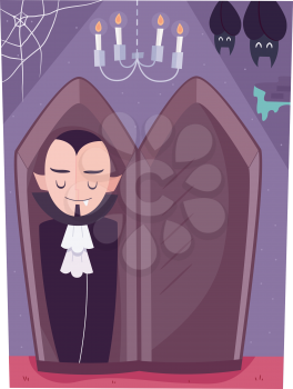 Illustration of a Vampire Sleeping in an Upright Coffin