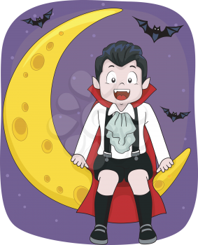 Illustration of a Little Vampire Sitting on the Moon