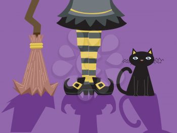 Illustration of a Witch Standing Beside a Black Cat and a Broomstick