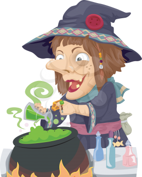 Illustration of a Witch Mixing Potions in a Cauldron