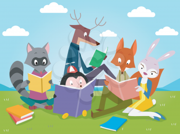 Illustration of Cute Animals Reading Books Outdoors