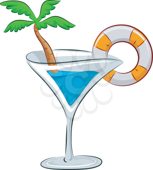 Illustration of a Cocktail Drink with a Lifebuoy and a Palm Tree for Garnish