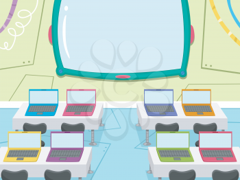 Illustration of a Computer Laboratory with Colorful Laptops