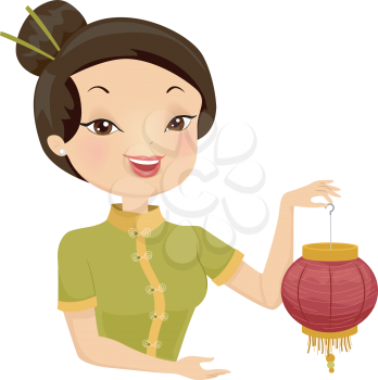 Illustration of an Asian Girl Carrying a Chinese Lantern