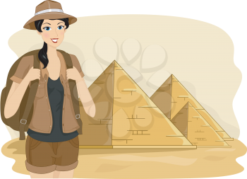 Illustration of a Female Tourist Visiting the Pyramids of Egypt