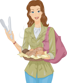Illustration of a Woman Carrying a Basket of Bread