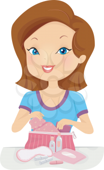 Illustration of a Girl Gathering the Contents of Her Puberty Kit