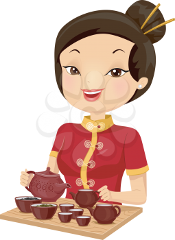 Illustration of a Girl in a Cheongsam Preparing Tea
