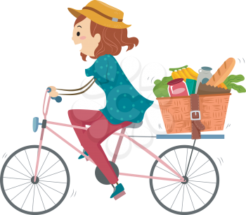 Illustration of a Woman on a Bike Returning from Grocery Shopping