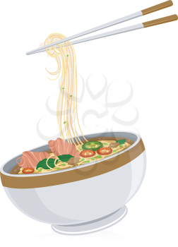 Illustration of a Bowl of Pho Noodles with a Pair of Chopsticks Hanging Above It