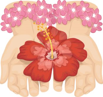 Colorful Illustration of a Hand Offering a Red Hibiscus