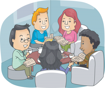 Illustration of Book Club Members Discussing Novels While Drinking Coffee