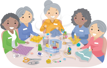 Illustration of Female Senior Citizens Enjoying their Sewing Hobby